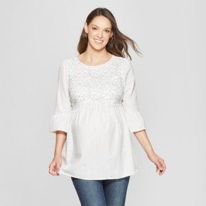 Isabel Maternity White Stripe Peplum Top with 3/4 Bell Sleeve